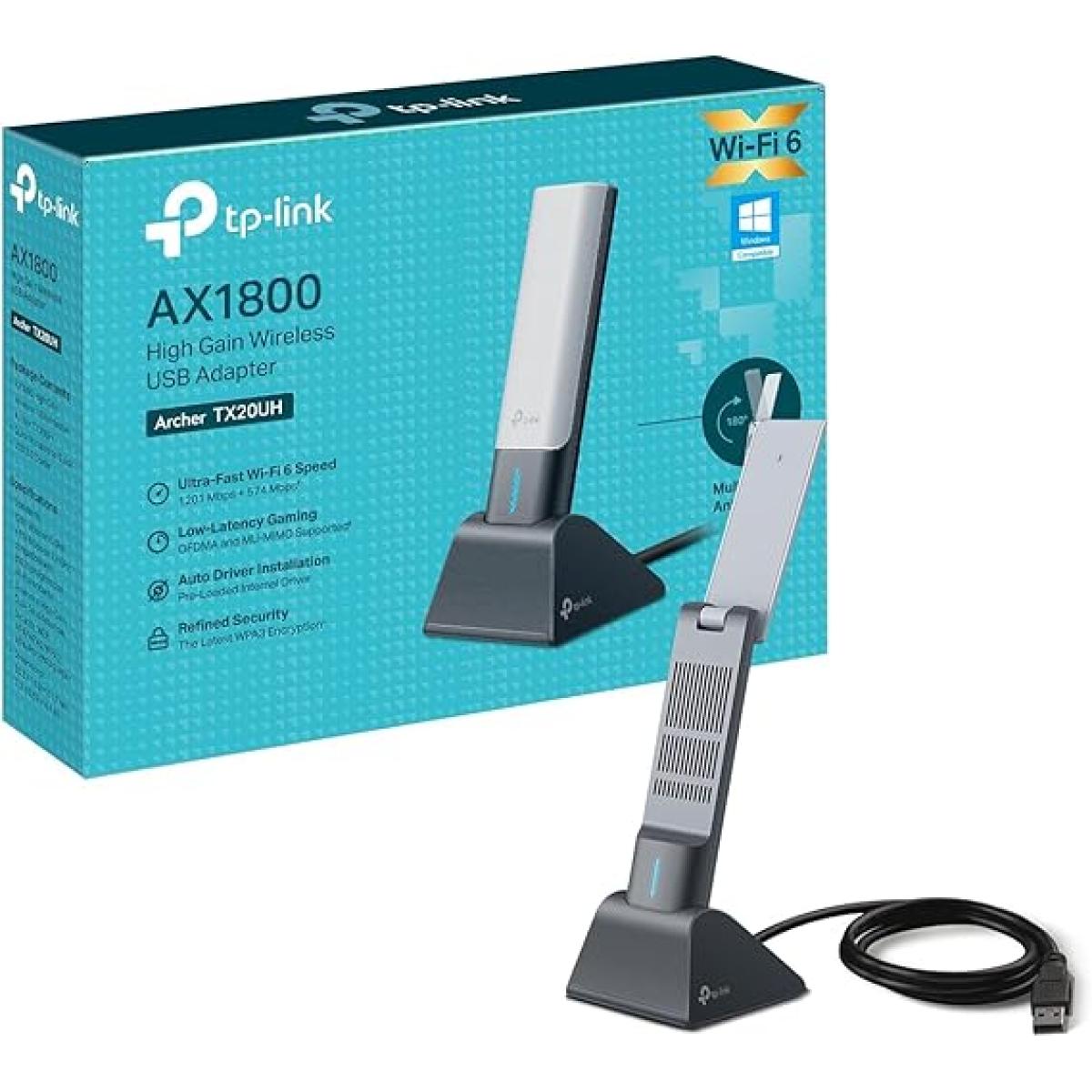TP-Link Wi-Fi 6 AX1800 High Gain Dual-Band Wireless USB Adapter, Wi-Fi dongle,1.2-meter USB 3.0 cable, Low-Latency Gaming, Supports Windows 10/11, WPA3, Easy Installation (Archer TX20UH)