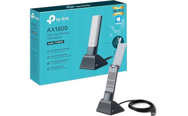 TP-Link Wi-Fi 6 AX1800 High Gain Dual-Band Wireless USB Adapter, Wi-Fi dongle,1.2-meter USB 3.0 cable, Low-Latency Gaming, Supports Windows 10/11, WPA3, Easy Installation (Archer TX20UH)