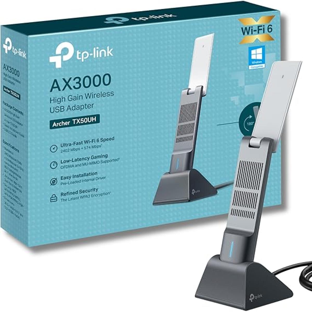 TP-Link AX3000 Wi-Fi 6 High Gain Wireless USB 3.0 Adapter, Dual-Band, Auto Driver, MU-MIMO, Low- Latency, 1.2m Cable, Supports Windows 10/11, Highly Secure WPA3 (Archer TX50UH), Black
