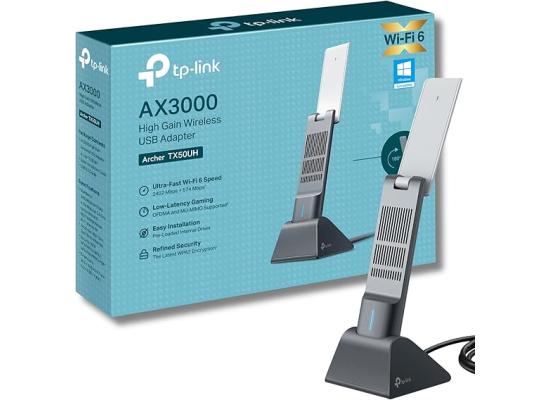 TP-Link AX3000 Wi-Fi 6 High Gain Wireless USB 3.0 Adapter, Dual-Band, Auto Driver, MU-MIMO, Low- Latency, 1.2m Cable, Supports Windows 10/11, Highly Secure WPA3 (Archer TX50UH), Black