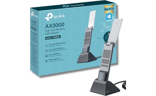 TP-Link AX3000 Wi-Fi 6 High Gain Wireless USB 3.0 Adapter, Dual-Band, Auto Driver, MU-MIMO, Low- Latency, 1.2m Cable, Supports Windows 10/11, Highly Secure WPA3 (Archer TX50UH), Black