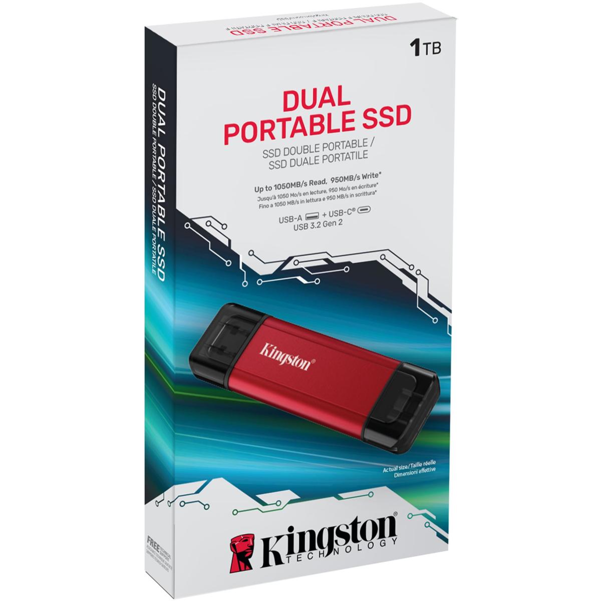 Kingston Dual Portable SSD (1TB) USB 3.2 Gen 2 (USB Type-A and Type-C) Portable External Solid State Drive (SSD) Up to Up to 1,050MB/s Read, 950MB/s Write