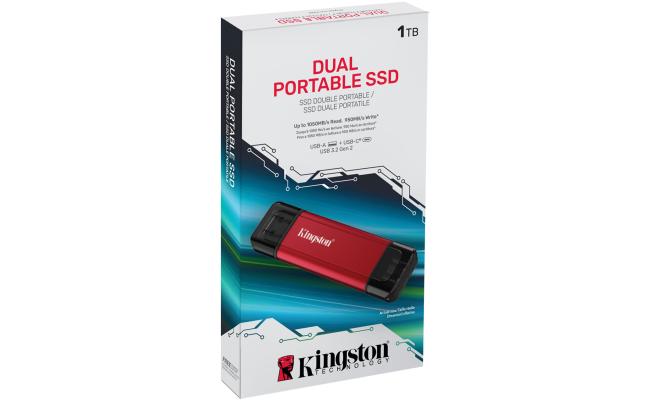 Kingston Dual Portable SSD (1TB) USB 3.2 Gen 2 (USB Type-A and Type-C) Portable External Solid State Drive (SSD) Up to Up to 1,050MB/s Read, 950MB/s Write