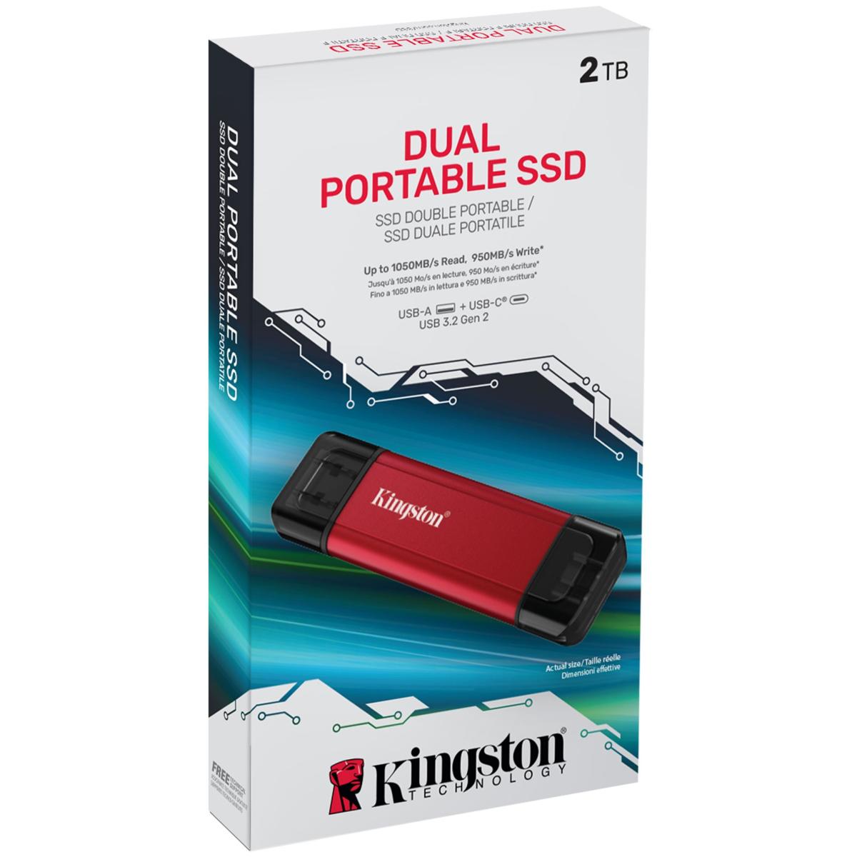 Kingston Dual Portable SSD (2TB) USB 3.2 Gen 2 (USB Type-A and Type-C) Portable External Solid State Drive (SSD) Up to Up to 1,050MB/s Read, 950MB/s Write