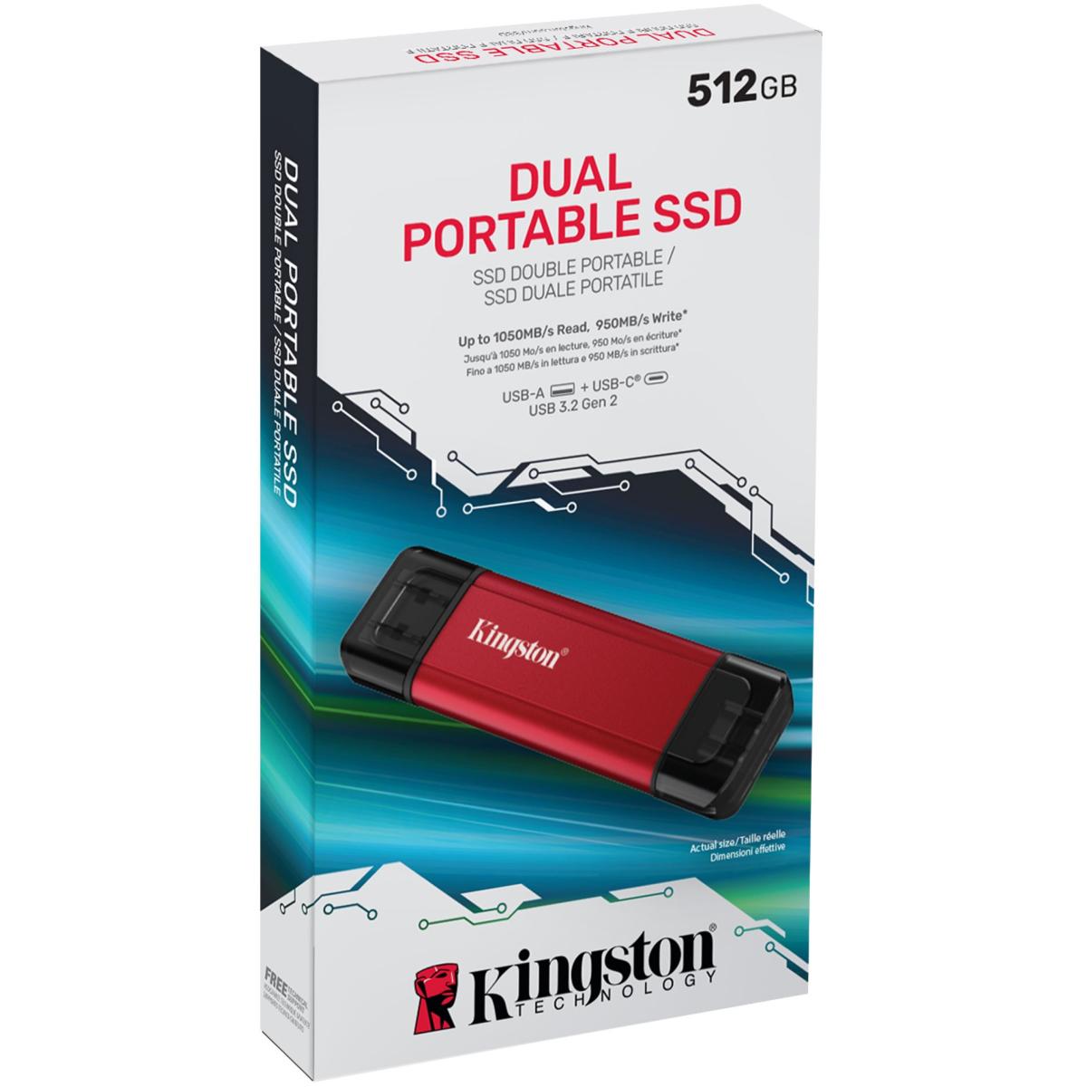 Kingston Dual Portable SSD (512GB) USB 3.2 Gen 2 (USB Type-A and Type-C) Portable External Solid State Drive (SSD) Up to Up to 1,050MB/s Read, 950MB/s Write