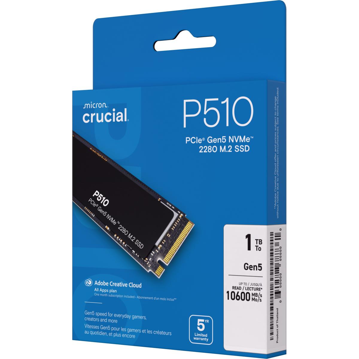 Crucial P510 1TB PCIe 5.0 NVMe M.2 SSD-Sequential Read/Write (11000/9500 MB/s)