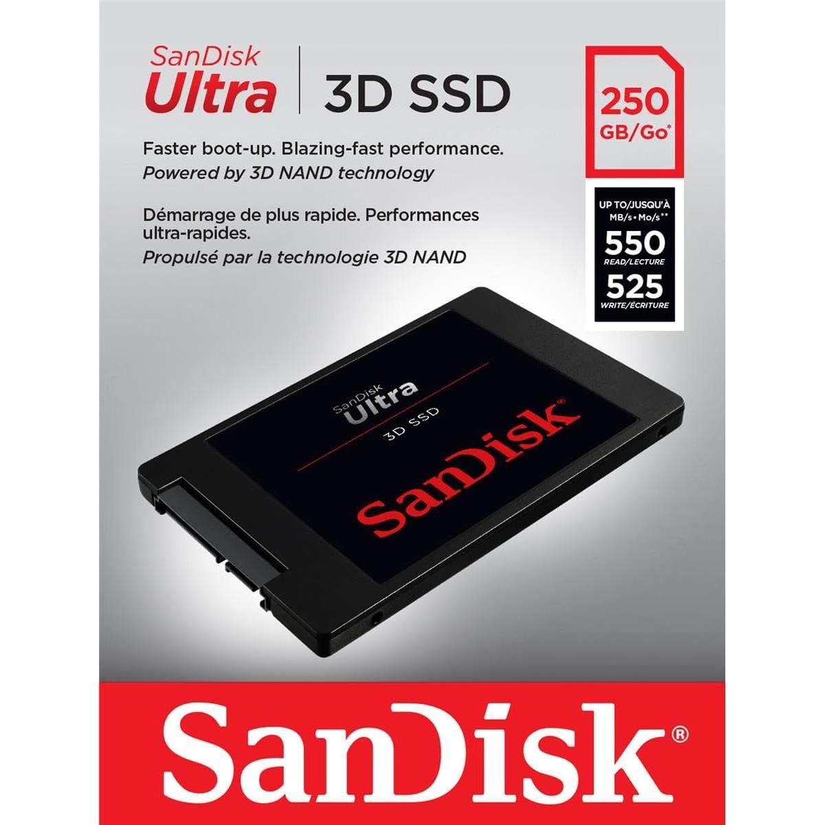 SanDisk Ultra 3D NAND 250GB 2.5 SSD w/ Powerful 3D NAND & nCache 2.0 Technologies, Read/Write Up To 550/525 MB/s