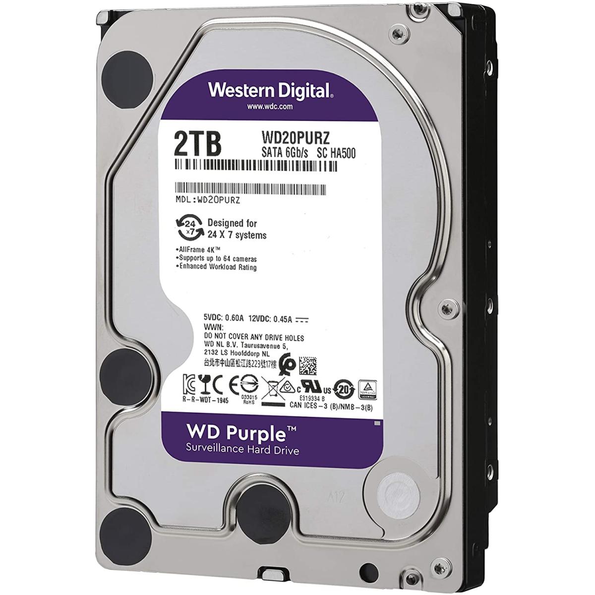 Western Digital Purple HDD Desktop Storage 2TB Surveillance 5400RPM SATA 6 Gb/s, 64 MB Cache - 3.5 Hard Drive