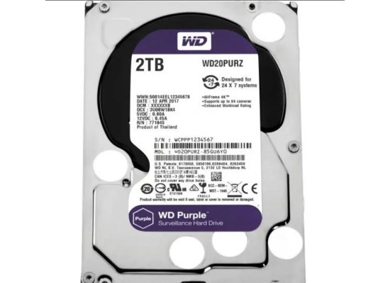 Western Digital Purple HDD Desktop Storage 2TB Surveillance 5400RPM SATA 6 Gb/s, 64 MB Cache - 3.5 Hard Drive