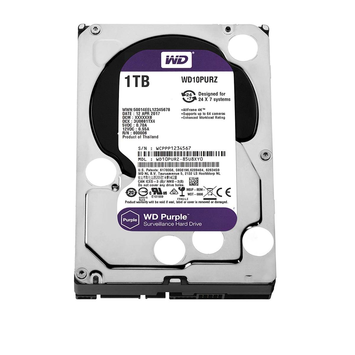 WD Purple 1TB Surveillance Hard Drive - 5400 RPM Class - SATA 6 Gb/s - 64 MB Cache - 3.5Inch