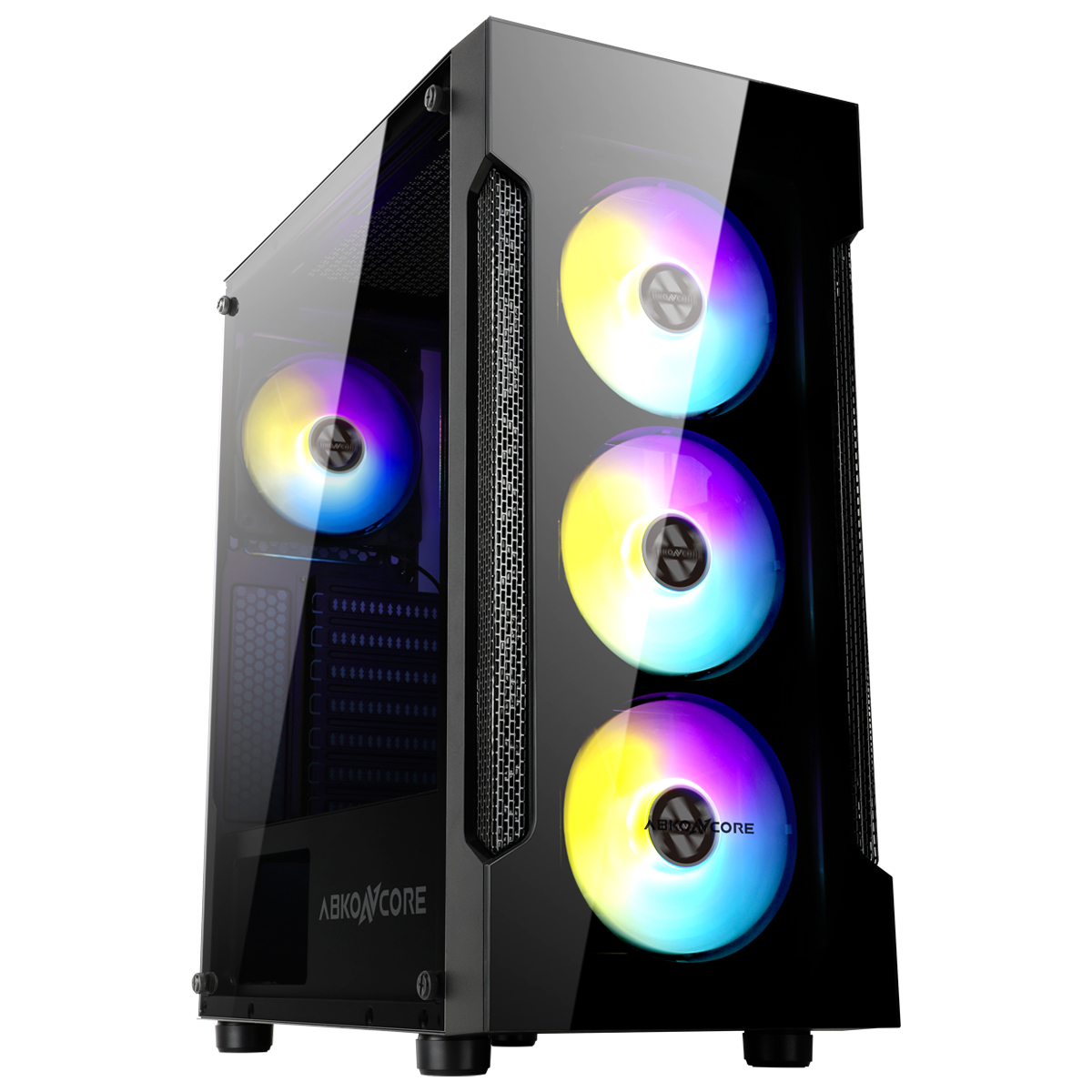 ABKONCORE T250 Premium 4x120mm IRIS Fixed Spectrum Colors Fan Tempered Glass Mid Tower Case
