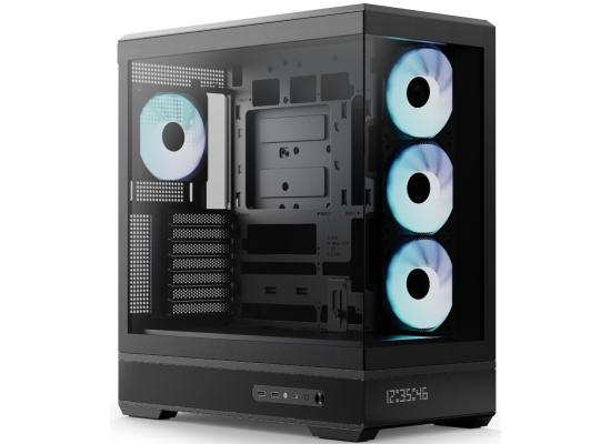 AeroCool P500B DIGI (Black) ARGB Stylish Panoramic Fish Tank Design ATX Mid Tower Tempered Glass Gaming Case w/ Dot-Pixel Display For System Stats, 4 Pre-installed 120mm ARGB Fans, Type-C & BTF Compatibility