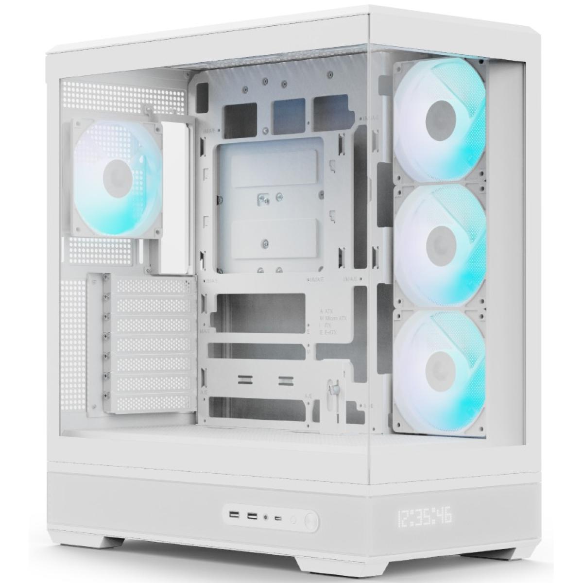 AeroCool P500B DIGI (White) ARGB Stylish Panoramic Fish Tank Design ATX Mid Tower Tempered Glass Gaming Case w/ Dot-Pixel Display For System Stats, 4 Pre-installed 120mm ARGB Fans, Type-C & BTF Compatibility