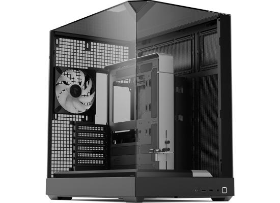 APNX V2 (Black) Dual Chamber Premium Sleek Panoramic 3 Glasses Design ATX Mid Tower Tempered Glass Gaming Case w/ Single Rear Fan, Support Up To 10x12cm Fans, Reverse Connector Motherboard & Type-C