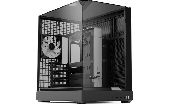 APNX V2 (Black) Dual Chamber Premium Sleek Panoramic 3 Glasses Design ATX Mid Tower Tempered Glass Gaming Case w/ Single Rear Fan, Support Up To 10x12cm Fans, Reverse Connector Motherboard & Type-C
