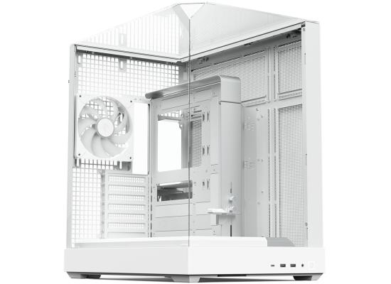 APNX V2 (White) Dual Chamber Premium Sleek Panoramic 3 Glasses Design ATX Mid Tower Tempered Glass Gaming Case w/ Single Rear Fan, Support Up To 10x12cm Fans, Reverse Connector Motherboard & Type-C