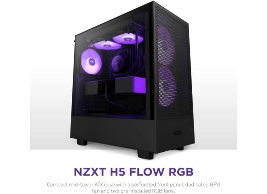 NZXT H5 Flow RGB ATX Tempered Glass Mid Tower Perforated & Ventilated Gaming Case w/ 2x140mm RGB Fans + Rear & Bottom Quiet (2x120mm) & USB Type-C Port - Matte Black