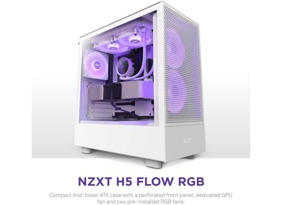 NZXT H5 Flow RGB ATX Tempered Glass Mid Tower Perforated & Ventilated Gaming Case w/ 2x140mm RGB Fans + Rear & Bottom Quiet (2x120mm) & USB Type-C Port - Matte White