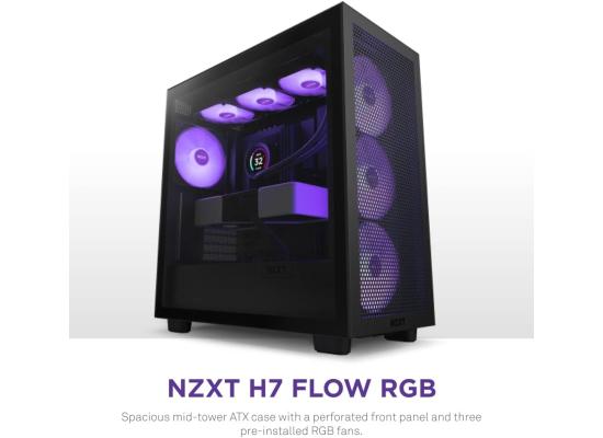 NZXT H7 Flow RGB ATX Tempered Glass Mid Tower Perforated & Ventilated Gaming Case w/ 3x140mm RGB Fans + 1x120mm Quiet & USB Type-C Port - Matte Black