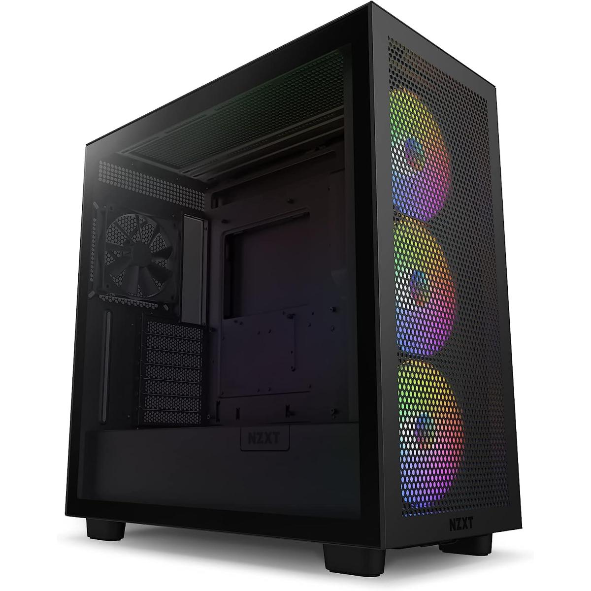 NZXT H7 Flow RGB ATX Tempered Glass Mid Tower Perforated & Ventilated Gaming Case w/ 3x140mm RGB Fans + 1x120mm Quiet & USB Type-C Port - Matte Black