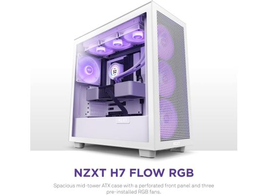 NZXT H7 Flow RGB ATX Tempered Glass Mid Tower Perforated & Ventilated Gaming Case w/ 3x140mm RGB Fans + 1x120mm Quiet & USB Type-C Port - Matte White
