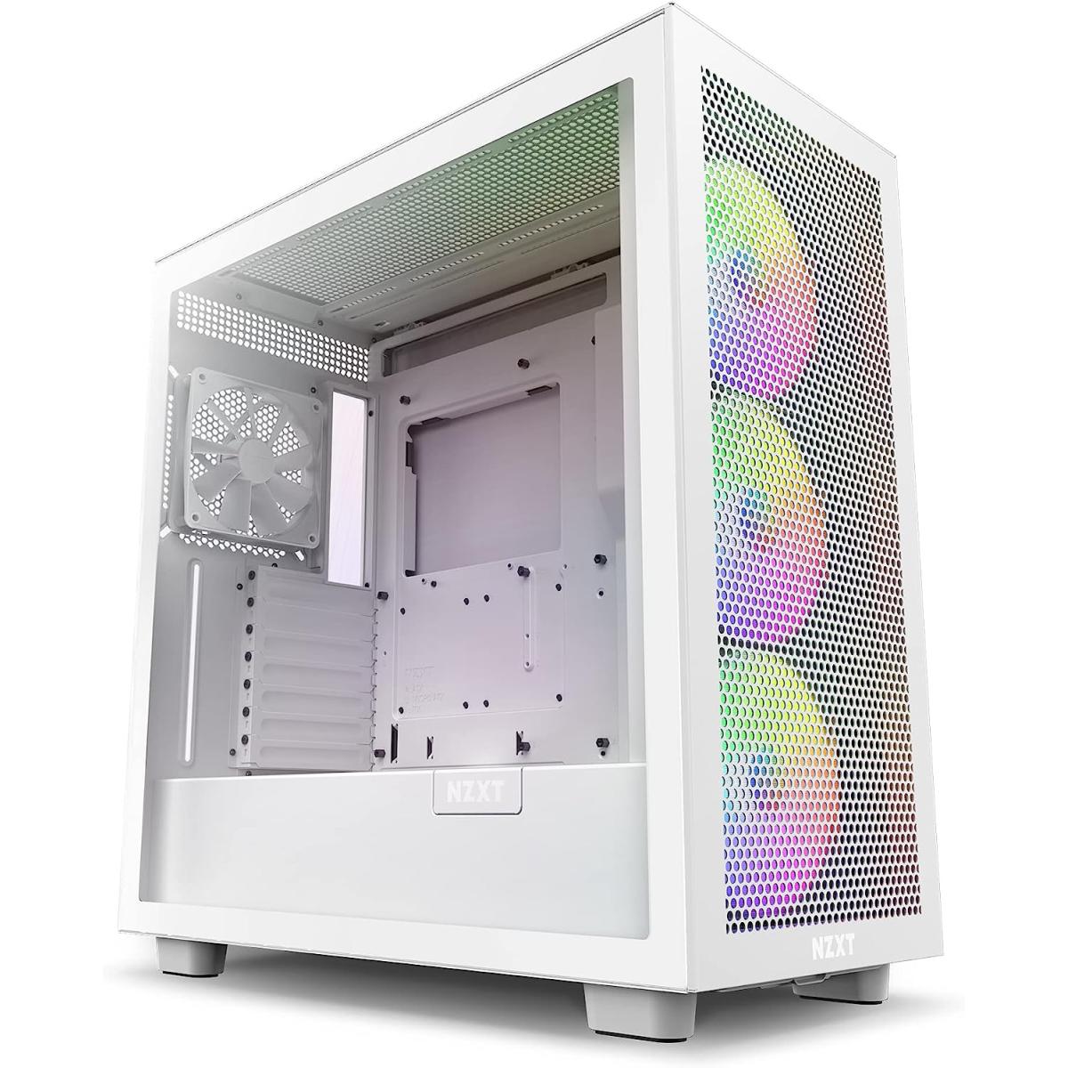 NZXT H7 Flow RGB ATX Tempered Glass Mid Tower Perforated & Ventilated Gaming Case w/ 3x140mm RGB Fans + 1x120mm Quiet & USB Type-C Port - Matte White
