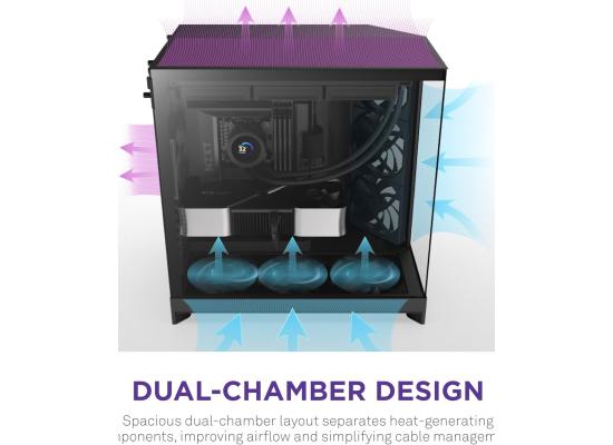 NZXT H9 Flow (2025) Panoramic Perforated Dual-Chamber Mid-Tower Tempered Glass New Design Gaming Case w/ 3X F140Q Fans + 1XF120Q & Back-Connect Ready - Black