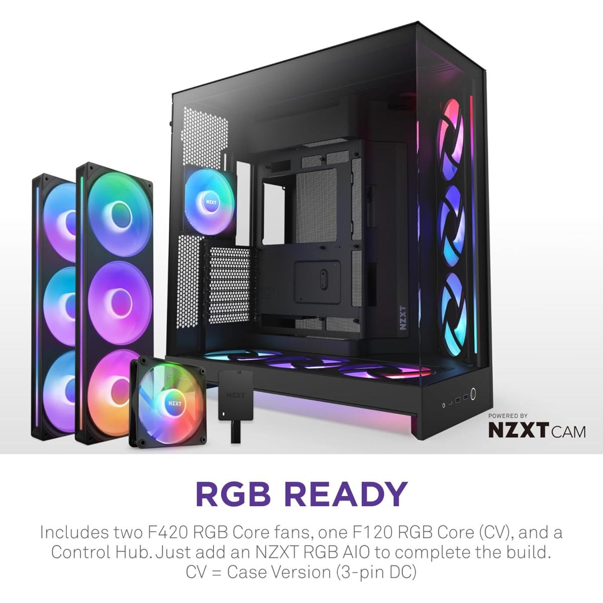 NZXT H9 Flow RGB+ (2025) Panoramic Perforated Dual-Chamber Mid-Tower Tempered Glass New Design Gaming Case w/ 2X F420 RGB Core Single-Frame Fans + 1XF120 RGB Core & Back-Connect Ready - Black