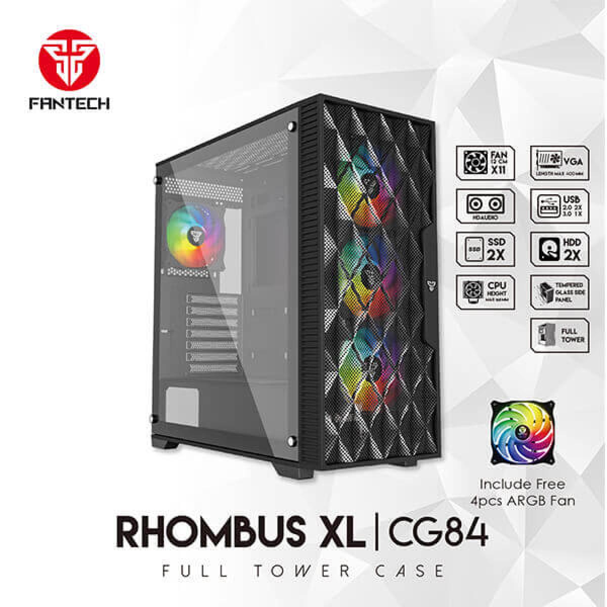 Fantech Rhombus XL-CG84 (Black) ARGB ATX Full Tower Tempered Glass Gaming Case w/ Front Mesh Design For Optimal Performance & 4X 120mm ARGB Fans
