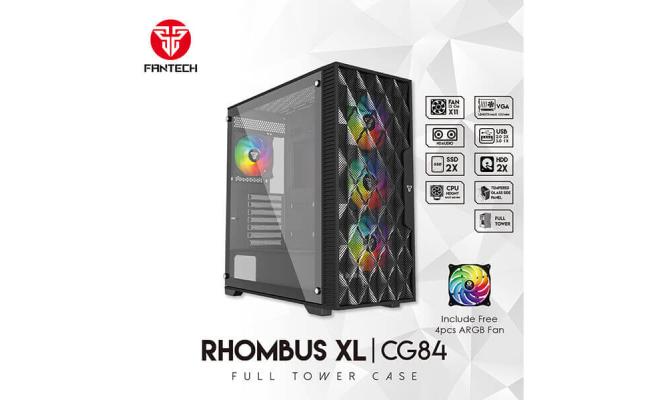 Fantech Rhombus XL-CG84 (Black) ARGB ATX Full Tower Tempered Glass Gaming Case w/ Front Mesh Design For Optimal Performance & 4X 120mm ARGB Fans