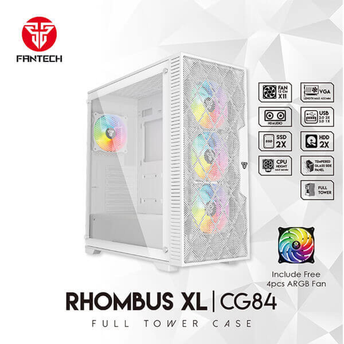 Fantech Rhombus XL-CG84 (White) ARGB ATX Full Tower Tempered Glass Gaming Case w/ Front Mesh Design For Optimal Performance & 4X 120mm ARGB Fans
