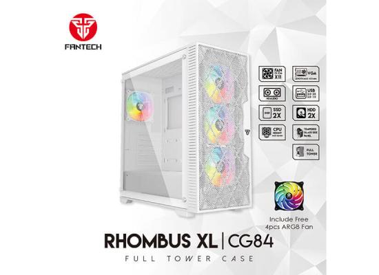 Fantech Rhombus XL-CG84 (White) ARGB ATX Full Tower Tempered Glass Gaming Case w/ Front Mesh Design For Optimal Performance & 4X 120mm ARGB Fans