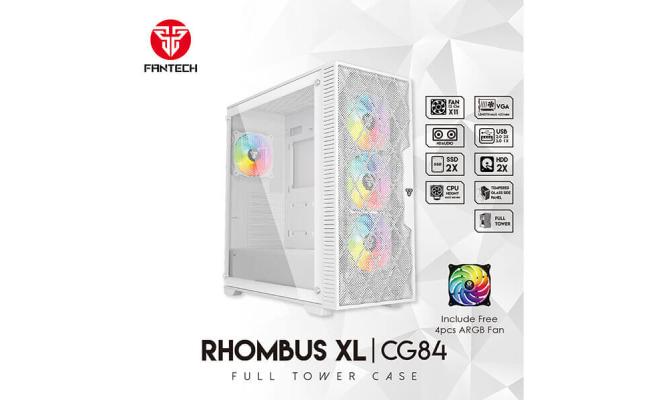 Fantech Rhombus XL-CG84 (White) ARGB ATX Full Tower Tempered Glass Gaming Case w/ Front Mesh Design For Optimal Performance & 4X 120mm ARGB Fans