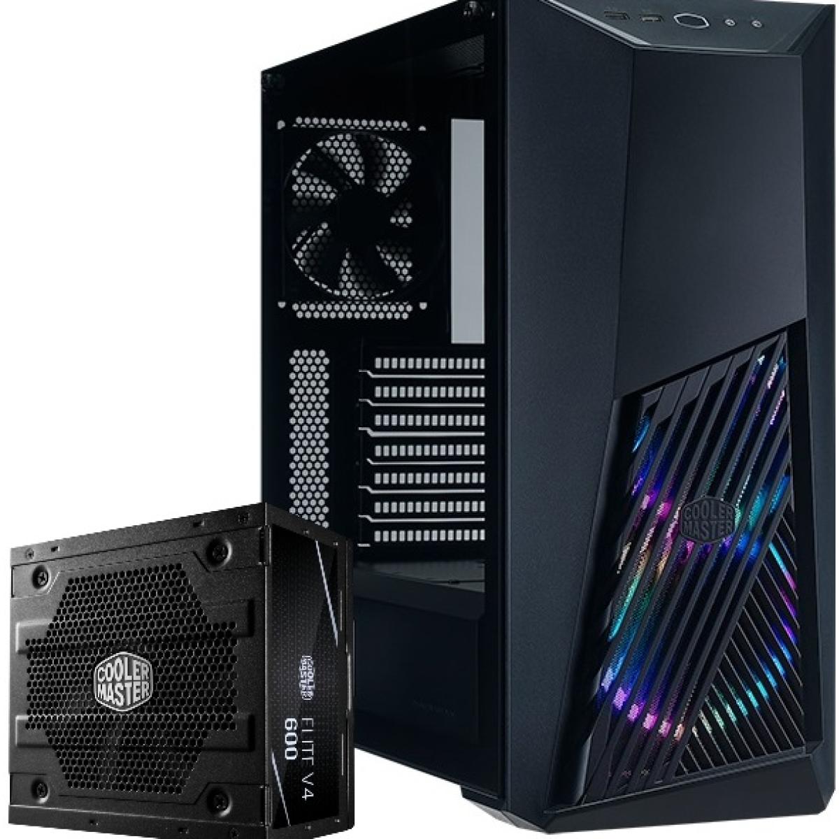 Cooler Master MasterBox K501L ARGB Black Mid Tower Tempered Glass Gaming Case + Elite V4 600W 80+ White Pre-Installed PSU