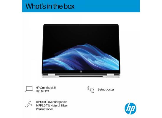 HP OmniBook 5 Flip Laptop (14-fp0016ne) 14" FHD+ (1920 x 1200) IPS 60Hz Touch, Intel® Core 7 150U, 16GB LPDDR5 Ram Onboard, 512 M.2 PCIe Gen 4, Intel Graphics, Windows 11 Home w/ HP Rechargeable Tilt Pen - Silver