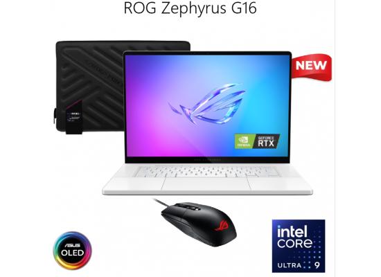 ASUS ROG Zephyrus G16 (2025) 16" 2.5K 240Hz OLED, Intel Core Ultra 9 2nd Gen Processor 285H, Nvidia RTX 5090 24GB GDDR7, 64GB LPDDR5X RAM, 1TB M.2 PCIe 4.0 NVMe w/ ROG Zephyrus Sleeve & ROG Impact Gaming Mouse - Platinum White Laptop