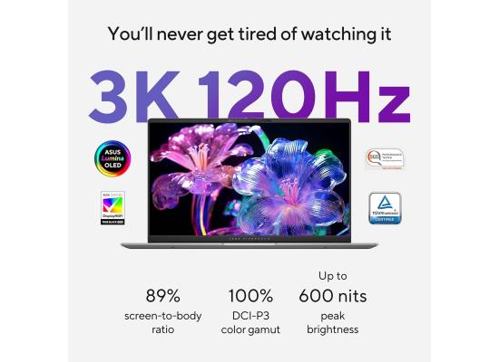 ASUS Vivobook S 15 15.6"3K (2880 x 1620) OLED, Snapdragon® X Elite X1E 78 100 Processor, Qualcomm Adreno Graphics, 16GB LPDDR5x Ram, 1TB M.2 NVMEe SSD Gen4 - Cool Silver Laptop, Windows 11 Home.