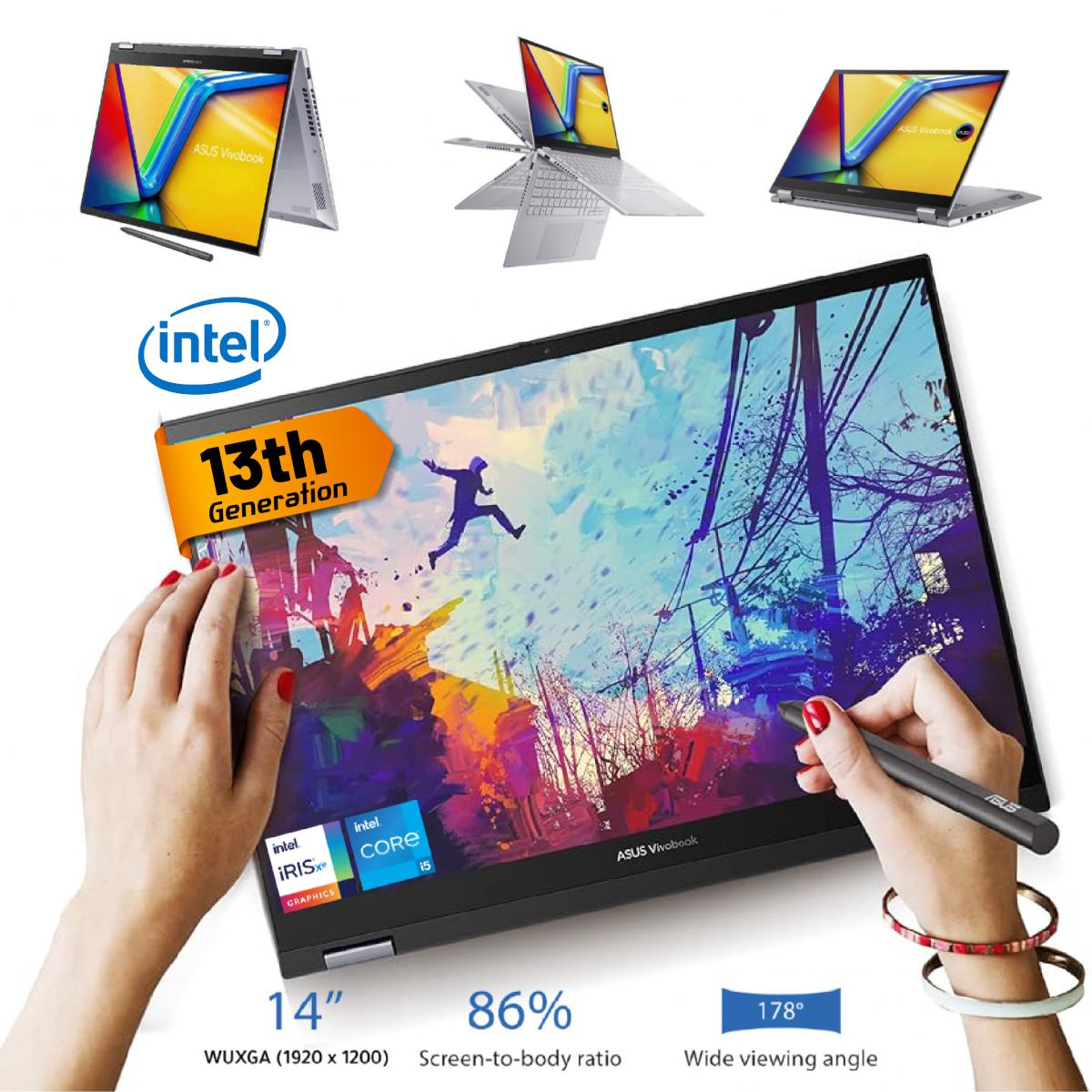 ASUS Vivobook S 14 Flip, 14" WUXGA FHD+ IPS, 13th Gen Intel Core i7-13700H, 16GB DDR4 RAM, 512GB M.2 PCIe NVMe, Intel® Iris® Xe Graphics, Silver Home & Light Use Laptop