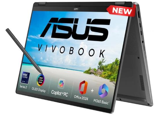 ASUS Vivobook 14 Flip, 14" WUXGA FHD+ OLED Touch 1.07B Colors 60Hz, Intel Core Ultra 7 processor Ultra 7 256V, 16GB LPDDR5X RAM, 512GB M.2 PCIe NVMe, Intel Arc Graphics, Windows 11 Home, w/ Asus Stylus Pen - Matte Gray Laptop