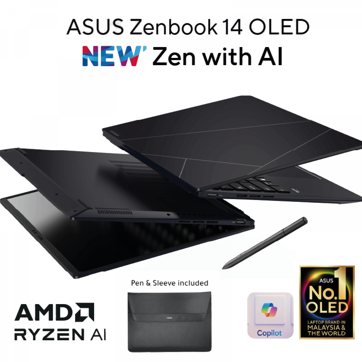 ASUS Zenbook 14" OLED WUXGA FHD+ Touch Laptop, AMD Ryzen™ 7 8840HS AI Processor, AMD Radeon™ 780M Integrated Graphics, 16GB DDR5X RAM, 1TB M.2 PCIe NVMe Gen4 - Black w/ Asus Stylus Pen & Sleeve