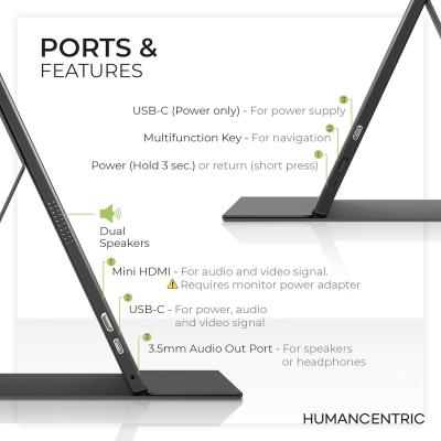 HUMANCENTRIC USB-C Ultra Slim Lightweight External & Portable Monitor 15.6" FHD IPS HDR w/ Mini HDMI Port, Dual Speakers, 3.5mm Audio Jack, Dual Orientation Support