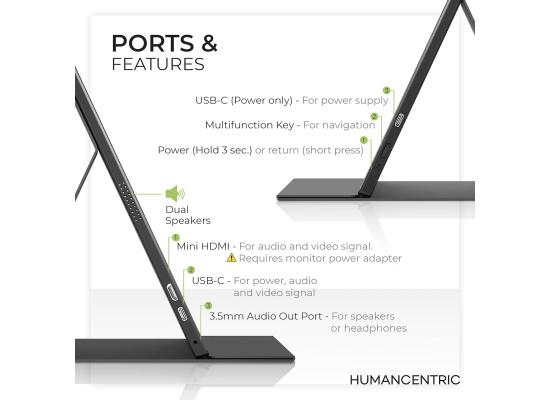 HUMANCENTRIC USB-C Ultra Slim Lightweight External & Portable Monitor 15.6" FHD IPS HDR w/ Mini HDMI Port, Dual Speakers, 3.5mm Audio Jack, Dual Orientation Support
