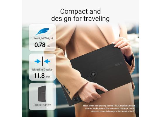 ASUS ZenScreen MB169CK Portable USB Monitor16" (15.6" viewable), Full HD, 60Hz, IPS,5ms(GTG), Dual USB Type-C (DP Alt Mode) + Mini Hdmi, Flicker Free, Blue Light Filter, Anti-glare surface, 360° kickstand