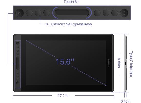 HUION KAMVAS Pro 16 Premium Graphics Drawing Tablet Anti-glare Screen (Pen Display) w/ Stylus Pen, 15.6, FHD, IPS, 120% sRGB,16.7M (8bit), 178° Viewing Angle, Touch Bar - For PC/MAC/Linux (Silver Black)