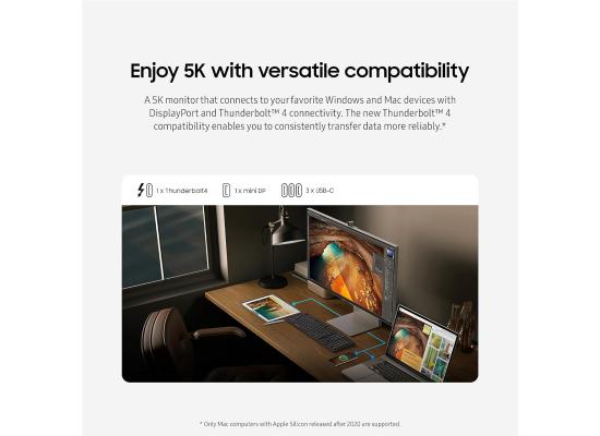 Samsung ViewFinity S9 (S90PC) Smart 27" 5K Flat Matte Monitor For Win & Mac, IPS, 218 PPI, 60Hz, 5ms(GTG), HDR, 100% sRGB, 99% DCI Coverage Color w/ 4K SlimFit camera, Metal Slim Design, Ergonomics & Adaptive Sound+ Speakers (Light Gray)