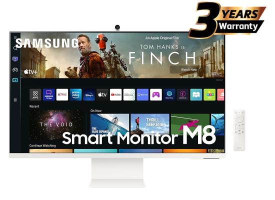 Samsung M8 (CM801) Smart 32" 4K UHD, Tizen™ OS Flat Business Monitor, VA, 60Hz, 4ms(GTG), HDR10+, 99% sRGB, USB Type-C w/ Cam, Speakers, Remote Control & Ergonomic Stand - White