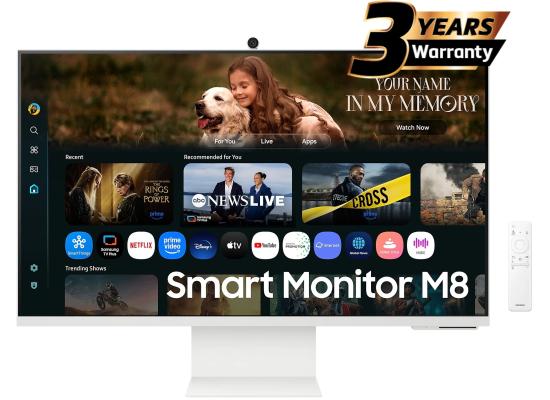 Samsung M8 2025 (FM801) Smart AI 32" 4K UHD, Tizen™ OS Flat Business Monitor, VA, 60Hz, 4ms(GTG), HDR10+, 99% sRGB, 10Bit Samsung Vision AI, USB Type-C w/ Cam, Adaptive Sound Pro Speakers & Ergonomic Stand - White