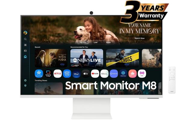 Samsung M8 2025 (FM801) Smart AI 32" 4K UHD, Tizen™ OS Flat Business Monitor, VA, 60Hz, 4ms(GTG), HDR10+, 99% sRGB, 10Bit Samsung Vision AI, USB Type-C w/ Cam, Adaptive Sound Pro Speakers & Ergonomic Stand - White