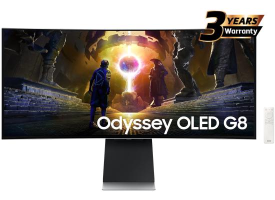 Samsung Odyssey OLED G8 2025 Smart (DG852) 34" 3K UWQHD (3440x1440) Curved, 175Hz, 0.03ms(GTG), QD-OLED, HDR10+, 10Bits, 99% DCI Coverage PRO Colors, G-Sync Compatible, w/ Adaptive Sound Pro Speakers, Ergonomic Stand & Core Sync