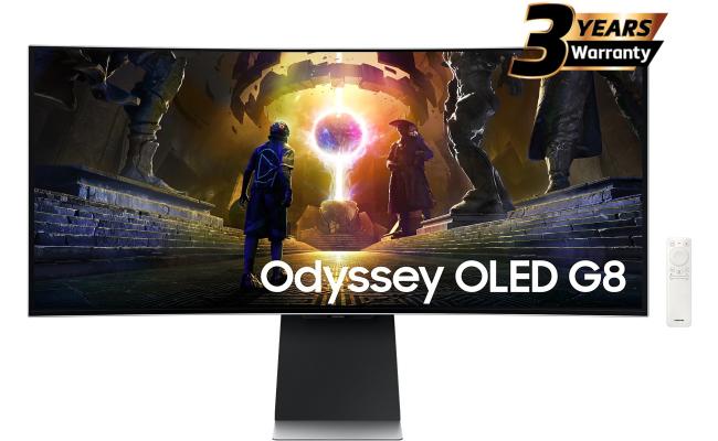 Samsung Odyssey OLED G8 2025 Smart (DG852) 34" 3K UWQHD (3440x1440) Curved, 175Hz, 0.03ms(GTG), QD-OLED, HDR10+, 10Bits, 99% DCI Coverage PRO Colors, G-Sync Compatible, w/ Adaptive Sound Pro Speakers, Ergonomic Stand & Core Sync